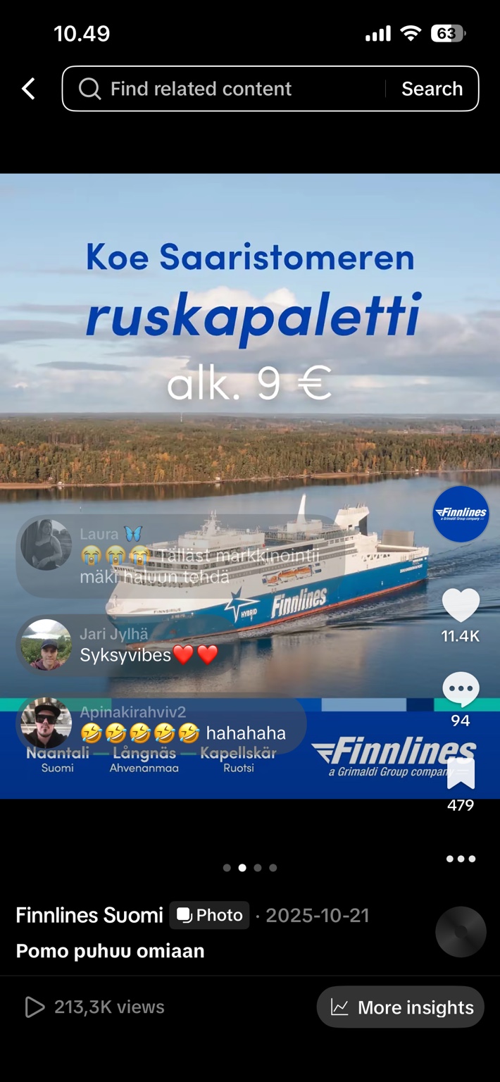 Finnlines TikTok -julkaisu, yli 213 000 katselua