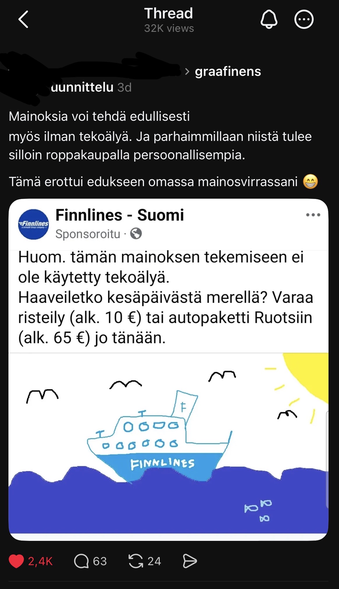 Reaktio Finnlinesin taktiseen mainokseen
